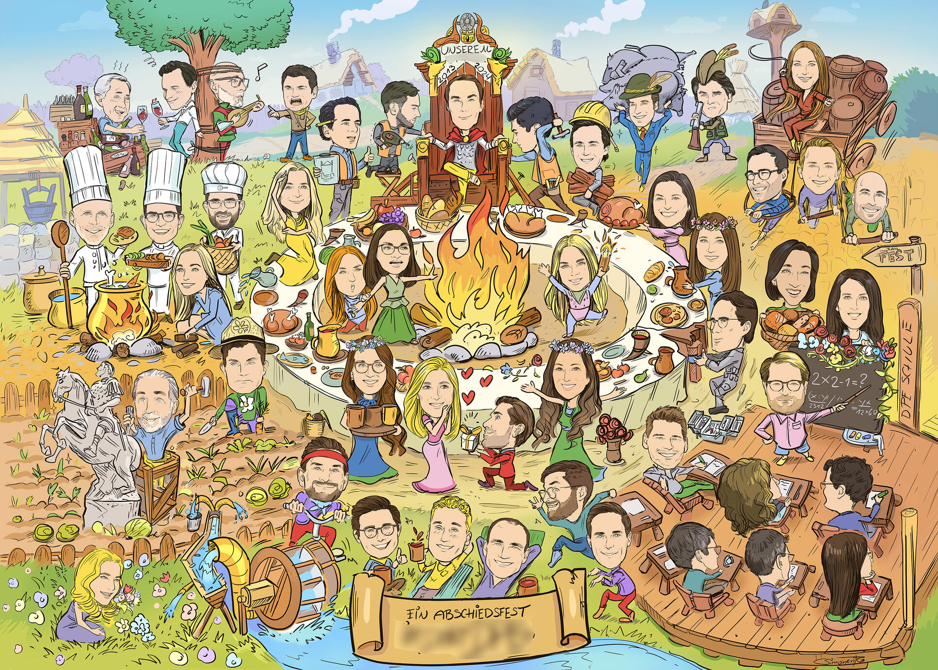 退職祝いのサプライズギフト。アステリックス風の村を舞台にした60名以上の大人数ウィメルビルダー(絵探し絵)。マキシム・シモネンコによる大作。