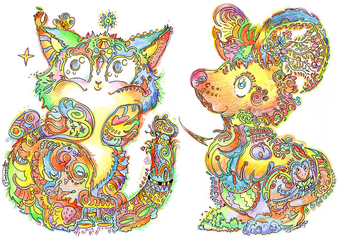 Happy and colorful art style showing a cat and a mouse